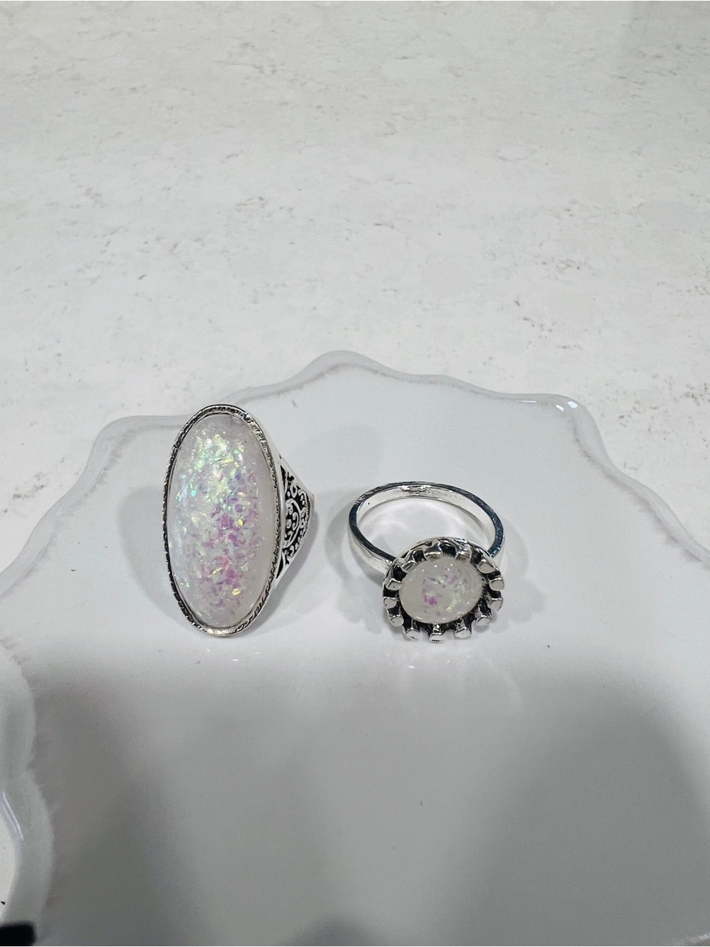 Silver Tone Metal Oval White Bezel Set Cocktail Rings Lot 2 Sizes 6 & 7